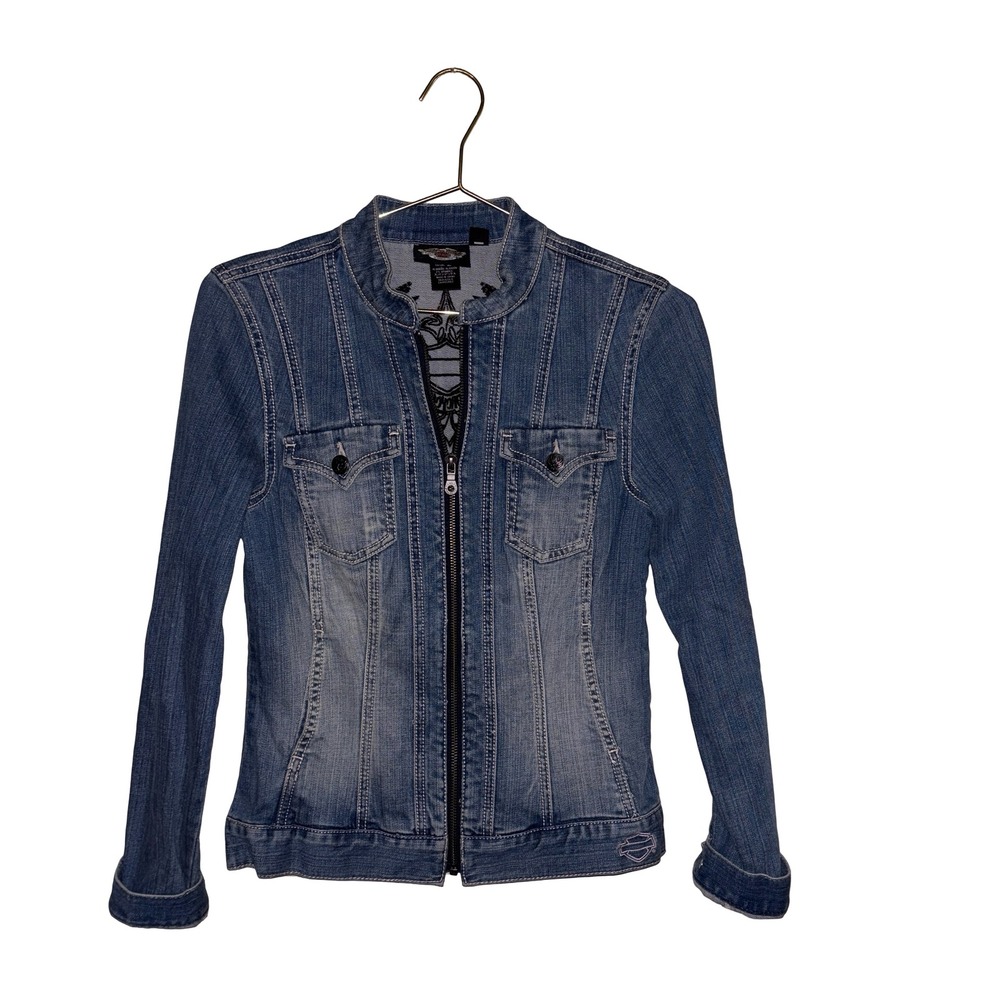 Harley Davidson Blue Denim Zip Up Jacket Embroidered Wing Logo Rhinestone XS